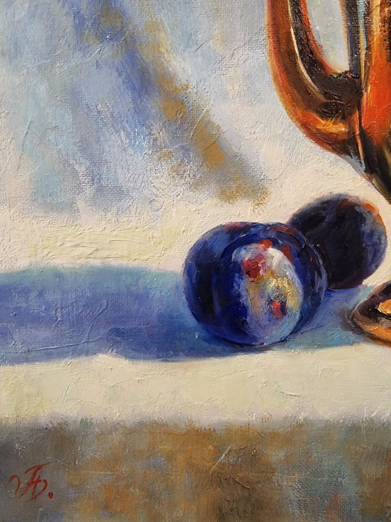 "Teapot and plums. "   still life  liGHt original painting  GIFT (2022)