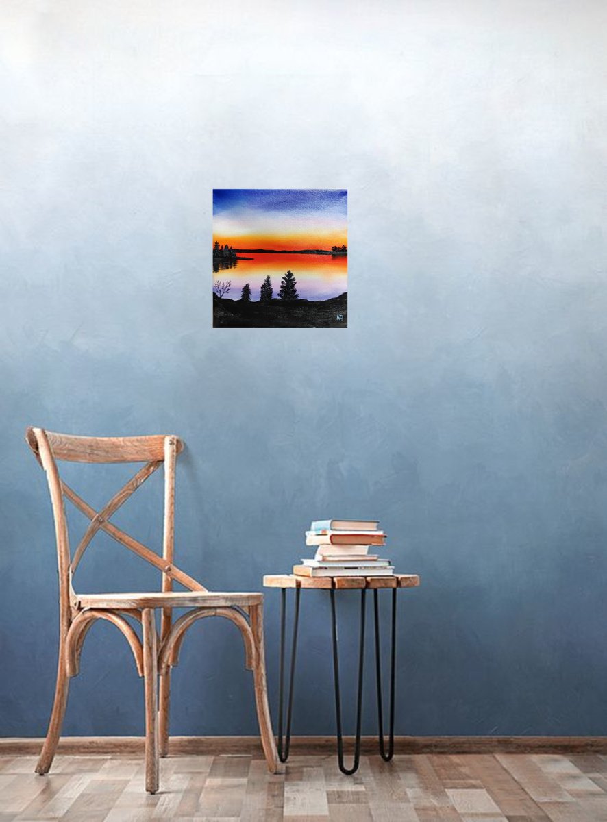 Sunset, small landscape oil painting, gift idea, bedroom painting by Nataliia Plakhotnyk