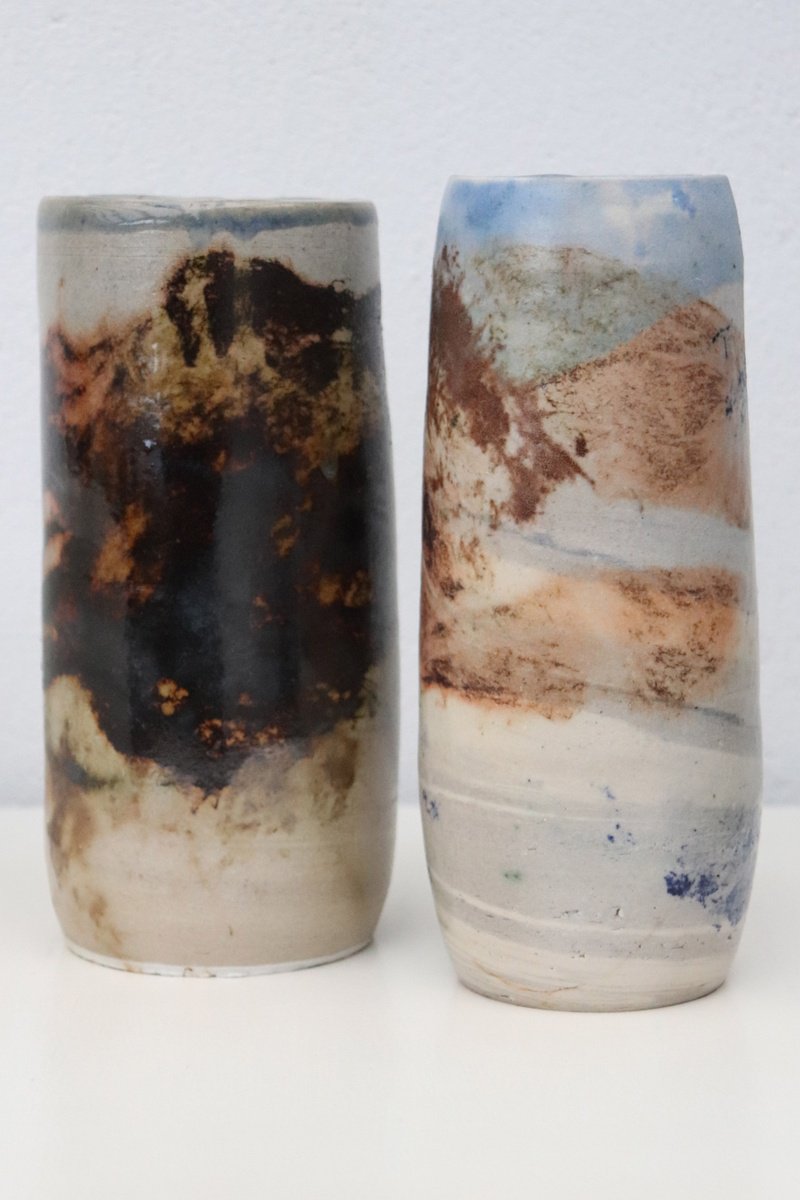 Geometric Abstract Clay Sculpture By Koen Lybaert, 9 X 11", Two Saggar Vessels, Original Artwork