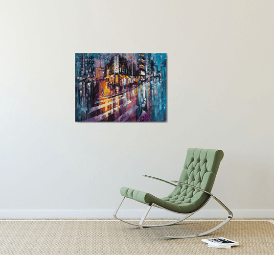 Night city after rain , big painting 80х60