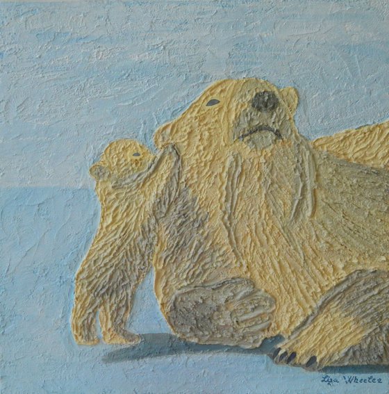 Polar Secrets - modern abstract polar bear mother, cub, animal impasto painting
