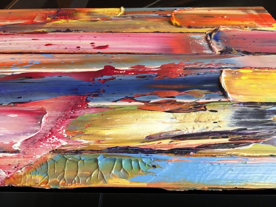 "Rotting Rainbow" -  Original PMS Oil Painting On Reclaimed Wood - 38 x 12 inches