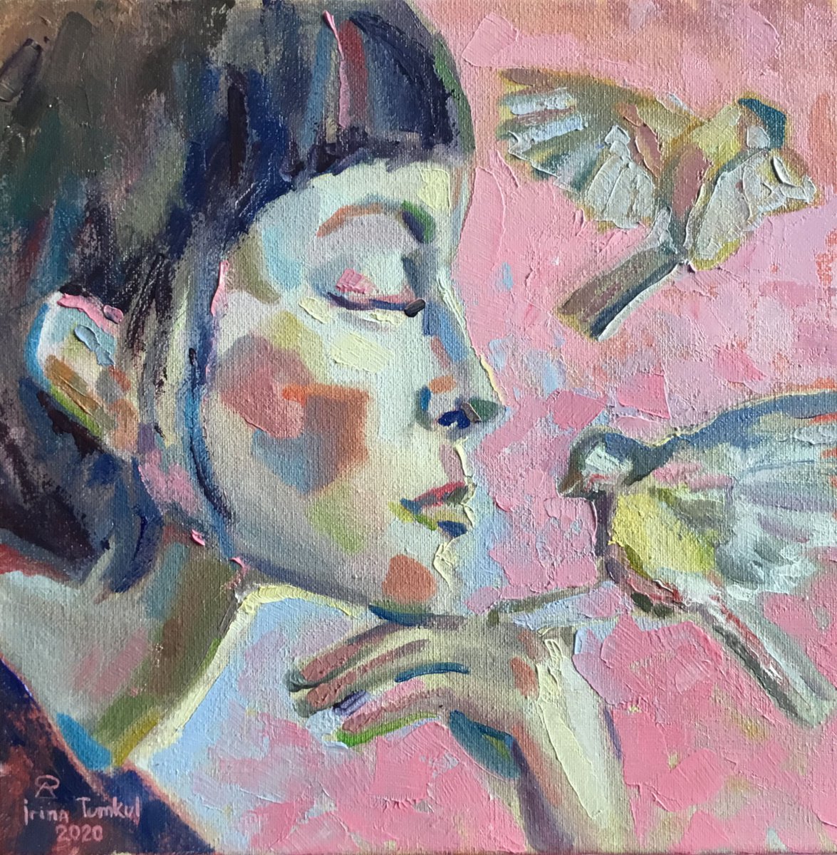 Expressive Portrait Oil Painting By Iryna Tymkul, 12 X 12, Whispers Of The Titmouse (2020), Original Artwork