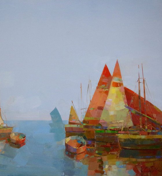 Sail Boats- Harbor, Contemporary art,  Handmade oil painting Original artwork One of a kind