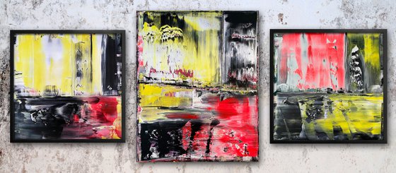 "The Reckoning" - Save As A Series - Original PMS Large Abstract Triptych Acrylic Paintings On Plexiglass and Gallery Wrap Canvas, Framed - 80" x 35"