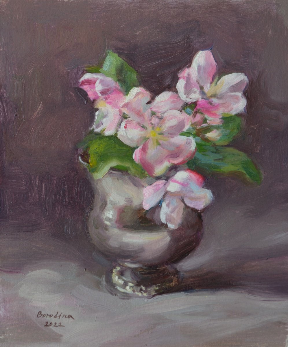 Impressionistic Botanical Oil Painting By Anastasia Borodina, 7 X 8, Apple Blossom - Original Floral Painting, Original Artwork