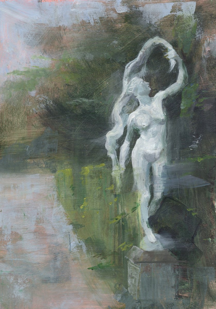 Impressionistic Botanical Acrylic Painting By Ray Belletty, 8 X 12", Statue Of Fortuna, Original Artwork