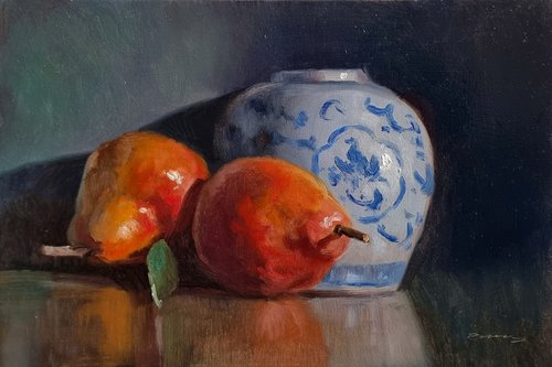 2 Pears and a Porcelain Vase by Pascal Giroud