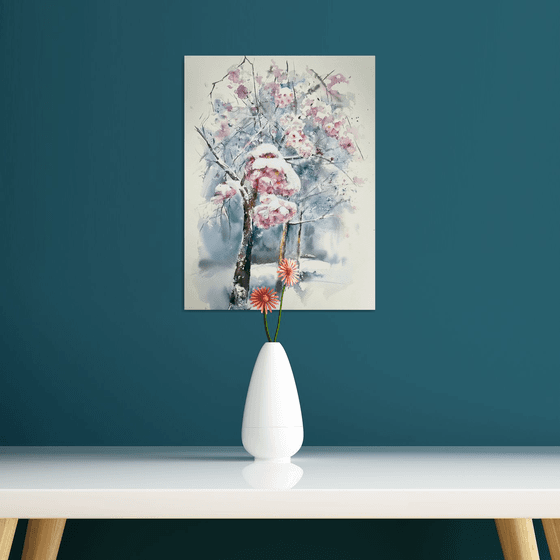 Pink Cherry Blossoms Snow Landscape