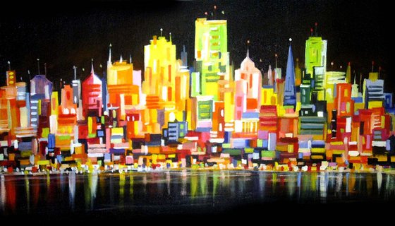 Night Abstract Cityscape-Acrylic on Canvas Painting