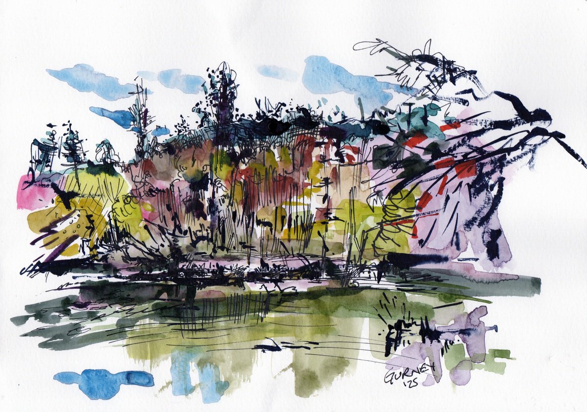 Impressionistic Landscape Watercolour By Paul Gurney, 12 X 8", Lake Sketch, Original Artwork