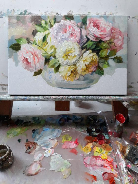 Roses love, floral oil painting on canvas, yellow pink roses in a blue vase