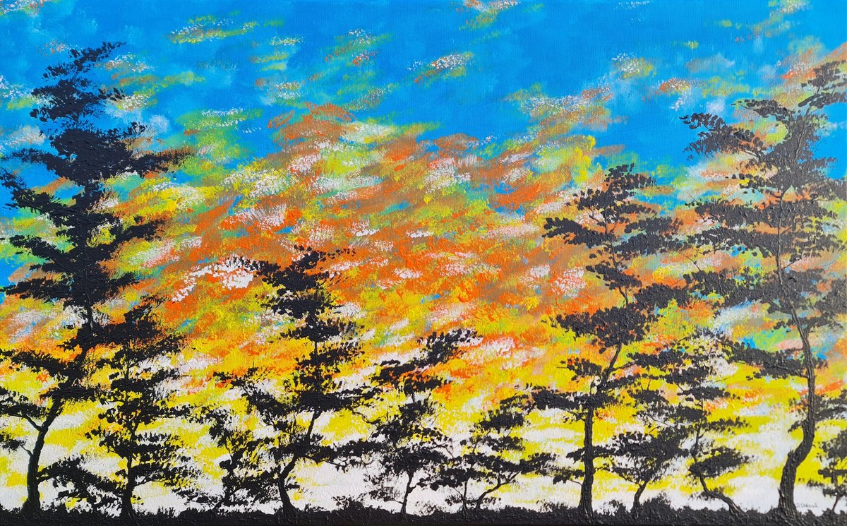 Impressionistic Landscape Acrylic Painting By Daniel Urbani?k, 31 X 20, Yellow Sunset 3, Original Artwork