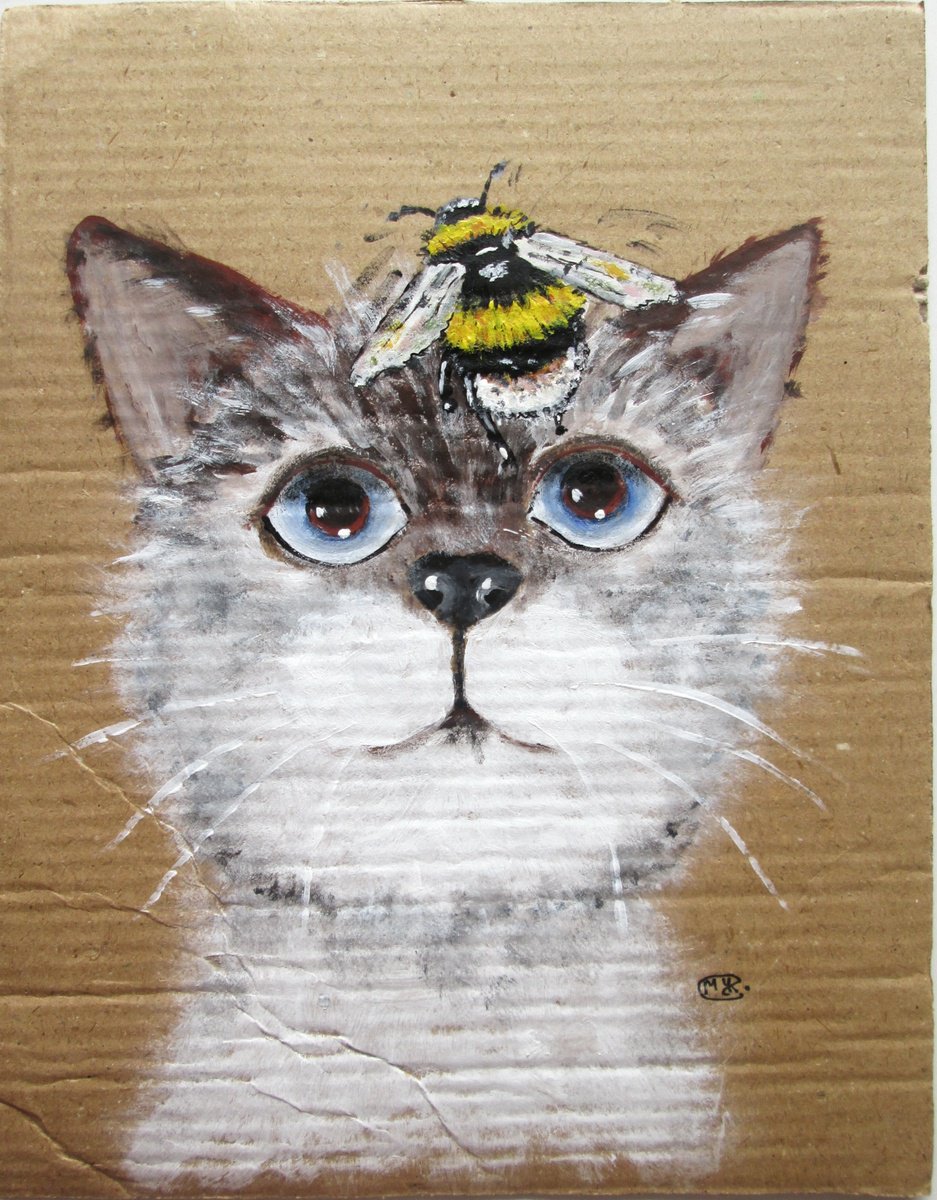 Impressionistic Animal Acrylic Painting By Marjansart, 8 X 11", Kitty Cat And Bumblebee, Original Artwork