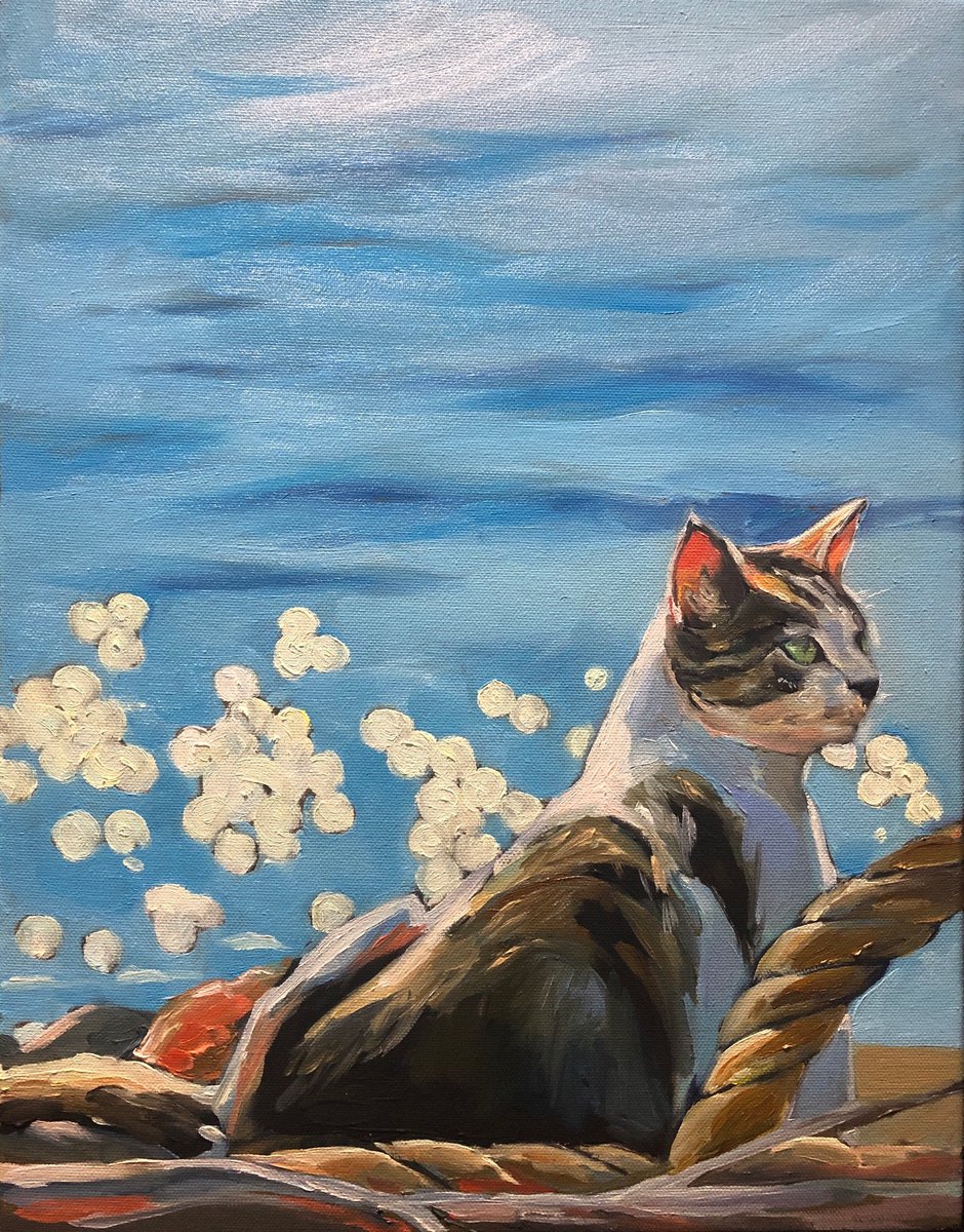 Cat on the beach 31.8 cm/41 cm by Guzel Min