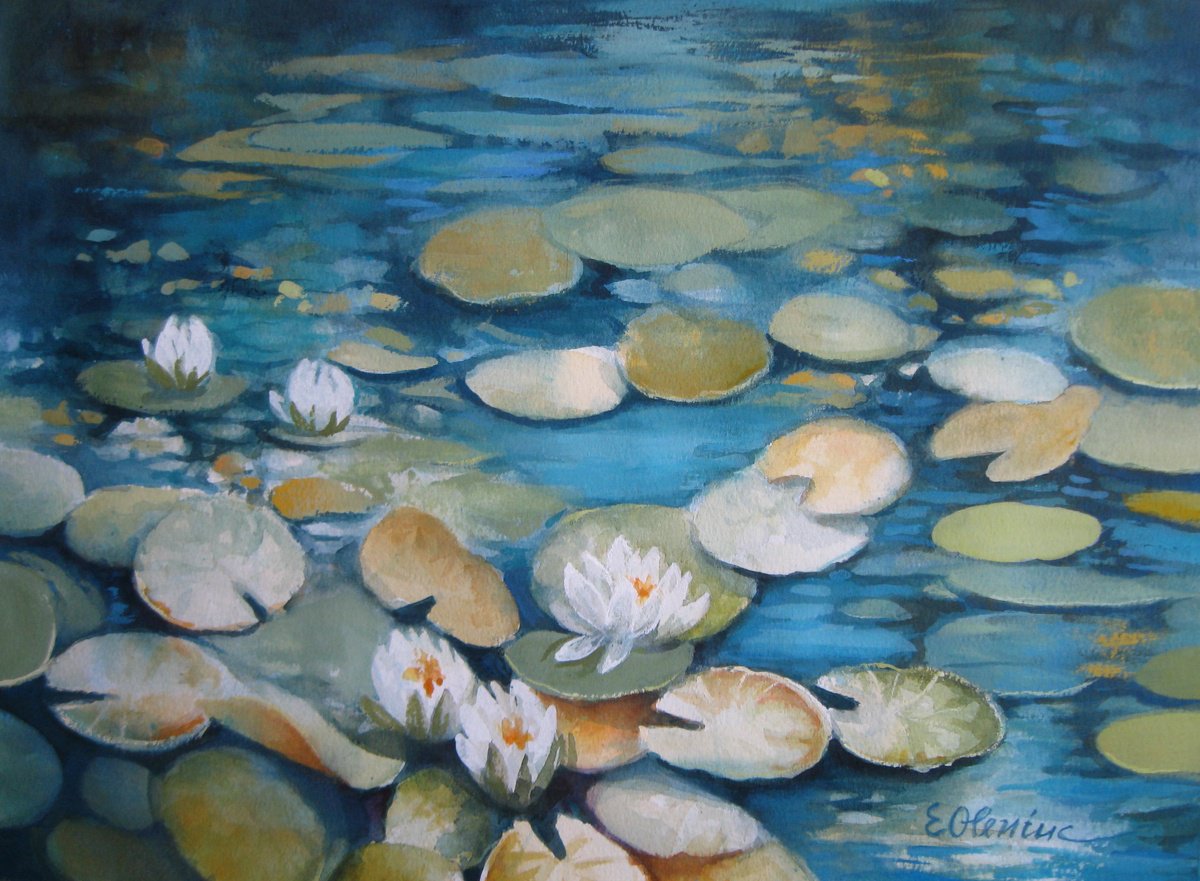 Impressionistic Botanical Painting By Elena Oleniuc, 17 X 13, Blue Pond, Original Artwork