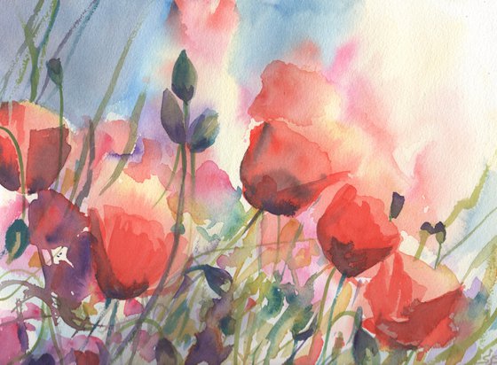 Watercolour Poppy Fields 2