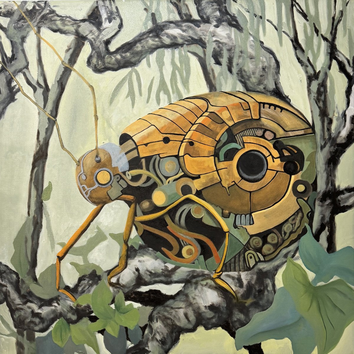 Surrealistic Animal Oil Painting By Chao Wang, 36 X 36, Stay Still, Original Artwork