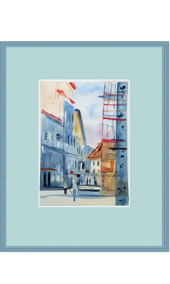 Ravensburg Stroll. Original Watercolor Painting on Cold Press Paper 300 g/m or 140 lb/m. Cityscape Painting. Wall Art. 11" x 15". 27.9 x 38.1 cm. Unframed and unmatted.
