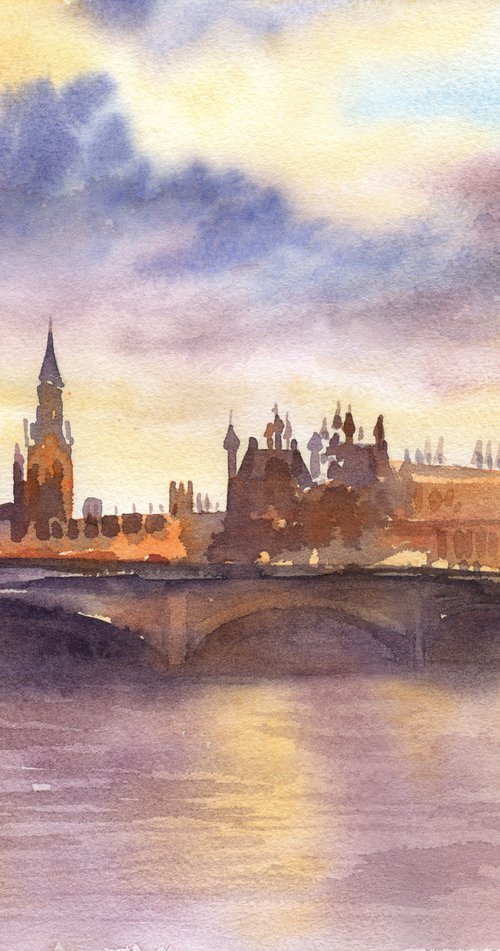 London Bridge Cityscape Original Watercolor painting small size gift River Thames Big Ben Tower by Julia Logunova