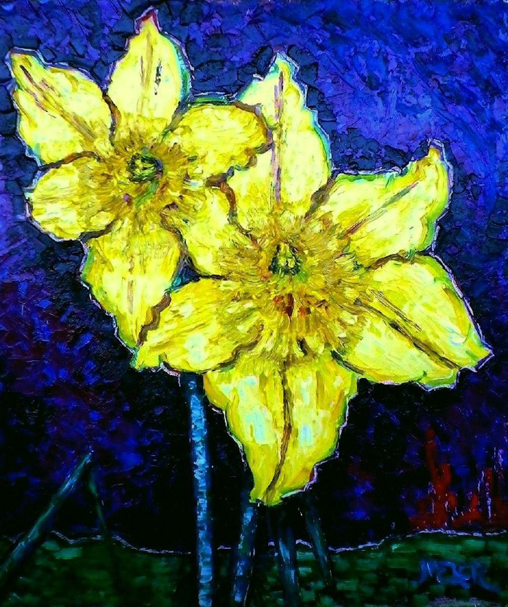 Impressionistic Botanical Oil Painting By Richard Meyer, 22 X 26", Two Daffodils, Original Artwork
