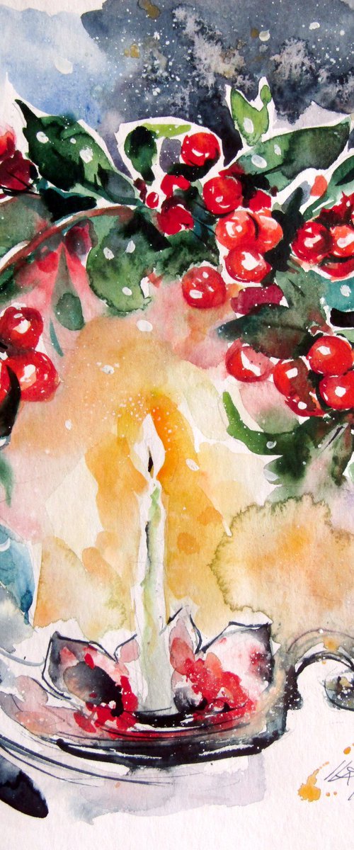 Still life with candle and red berries by Kovács Anna Brigitta