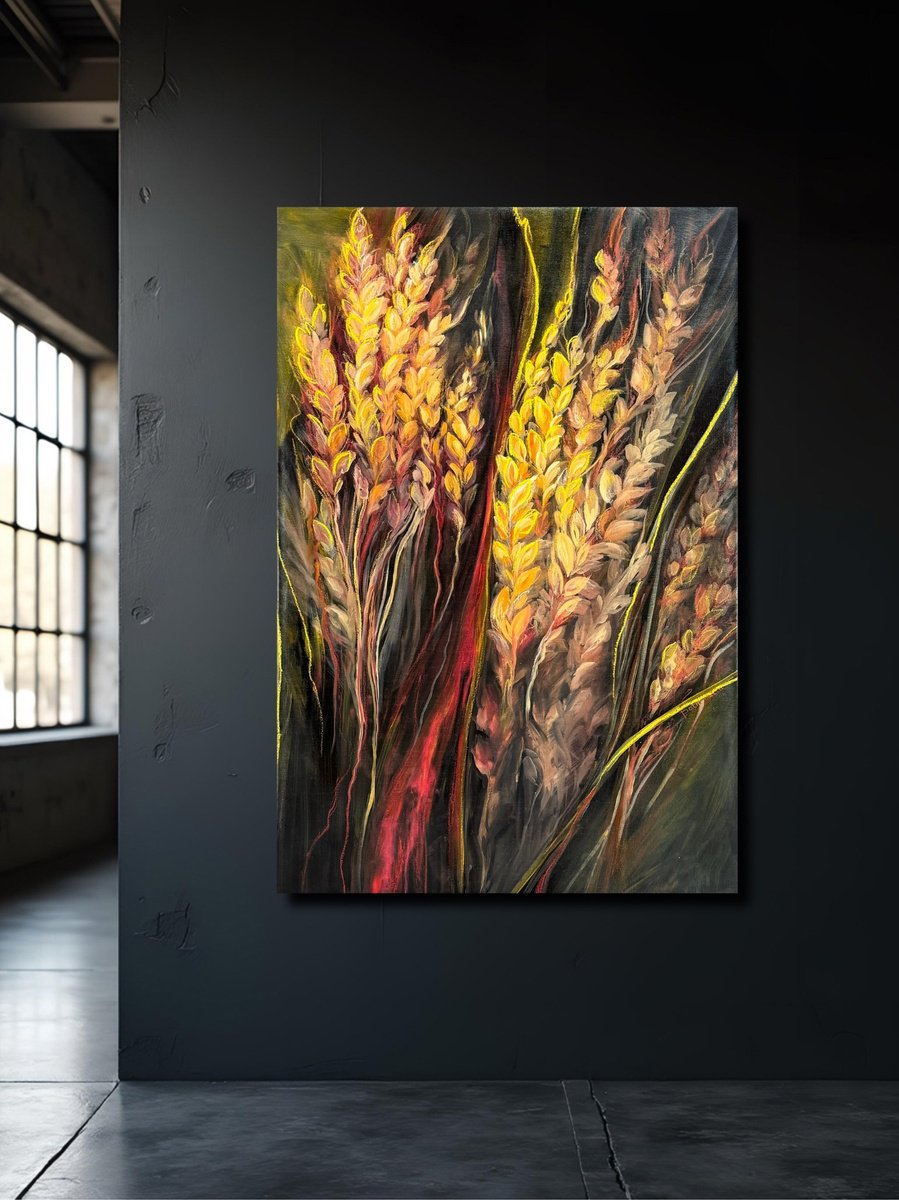 Abstract Botanical Oil Painting By Yuliia Poraiko, 35 X 53", Gold, Original Artwork