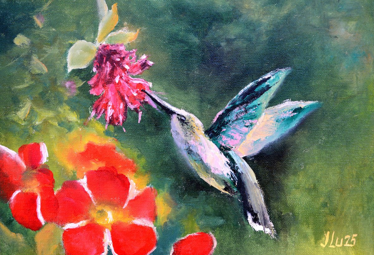 Impressionistic Animal Oil Painting By Elena Lukina, 12 X 8, Sunny Nectar For Hummingbirds, Original Artwork
