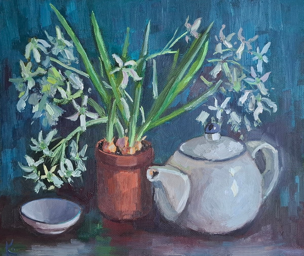 Impressionistic Still Life Oil Painting By Olena Kolotova, 14 X 12", Teapot With Primroses, Original Artwork