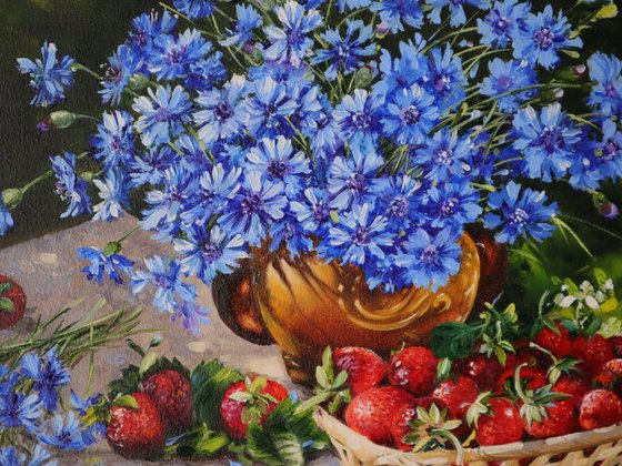 Blue Cornflowers with Strawberries
