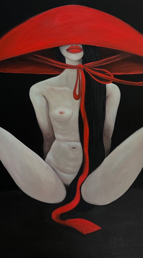 Nude in red hat by Ta Byrne