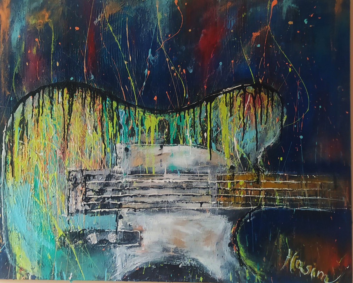 Abstract Cityscapes Acrylic Painting By Beata Harasim, 39 X 31, Cosmic Guitar, Original Artwork