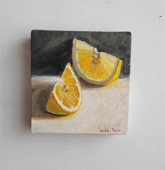Lemon fruit still life oil painting realistic citrus wall decor 4x4"