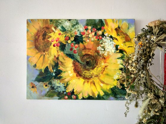 Sunflowers and viburnum