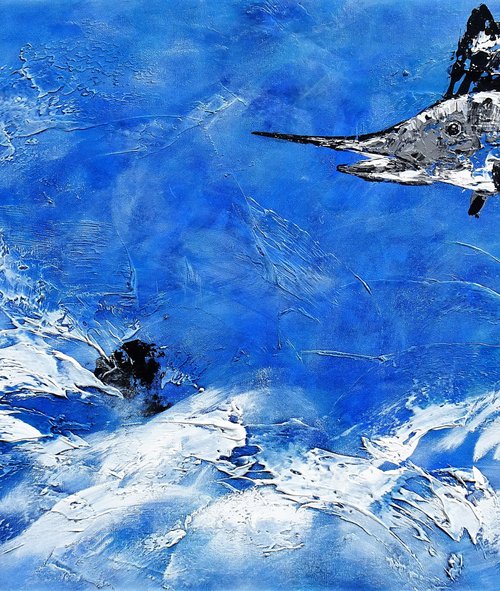 OCEAN TROPHY. Large Blue Abstract Painting of Fish Jumping out of the Water by Sveta Osborne