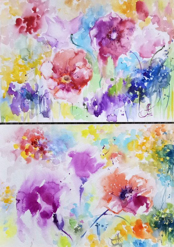 Flower drawing on paper, Blooming painting