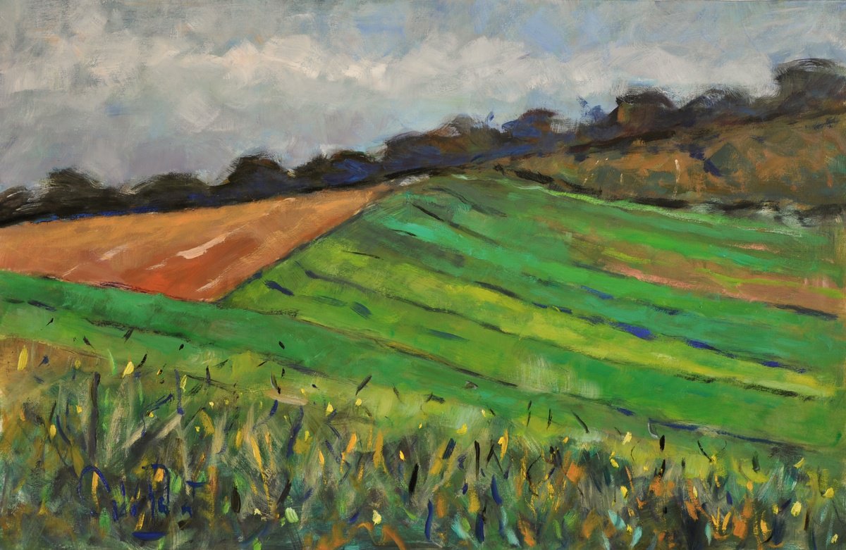 Impressionistic Landscape Oil Painting By Andre Pallat, 36 X 24, Stripy Field, Original Artwork