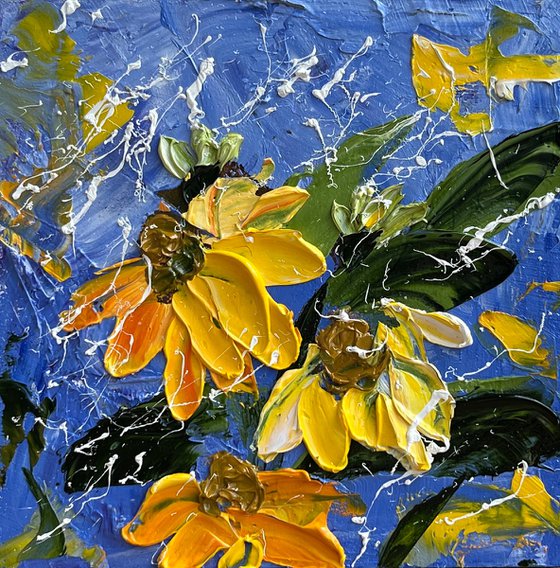 Rudbeckia Painting Floral Original Art Daisy Oil Impasto Artwork Flowers Home Wall Art 6 by 6" by Halyna Kirichenko