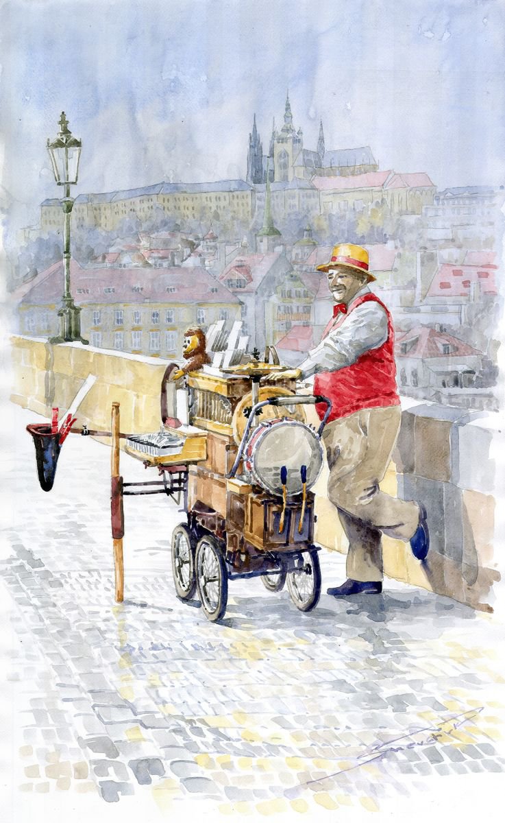 Prague Charles Bridge Organ Grinder-Seller Happiness by Yuriy Shevchuk