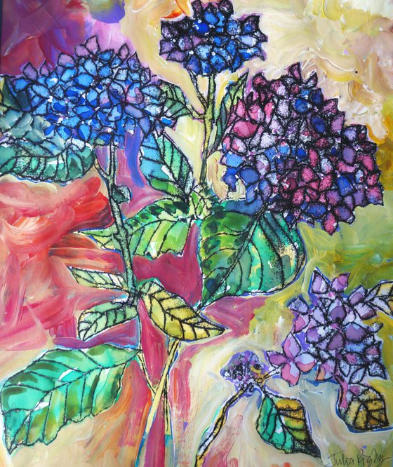 Hydrangeas Monoprint with Acrylic