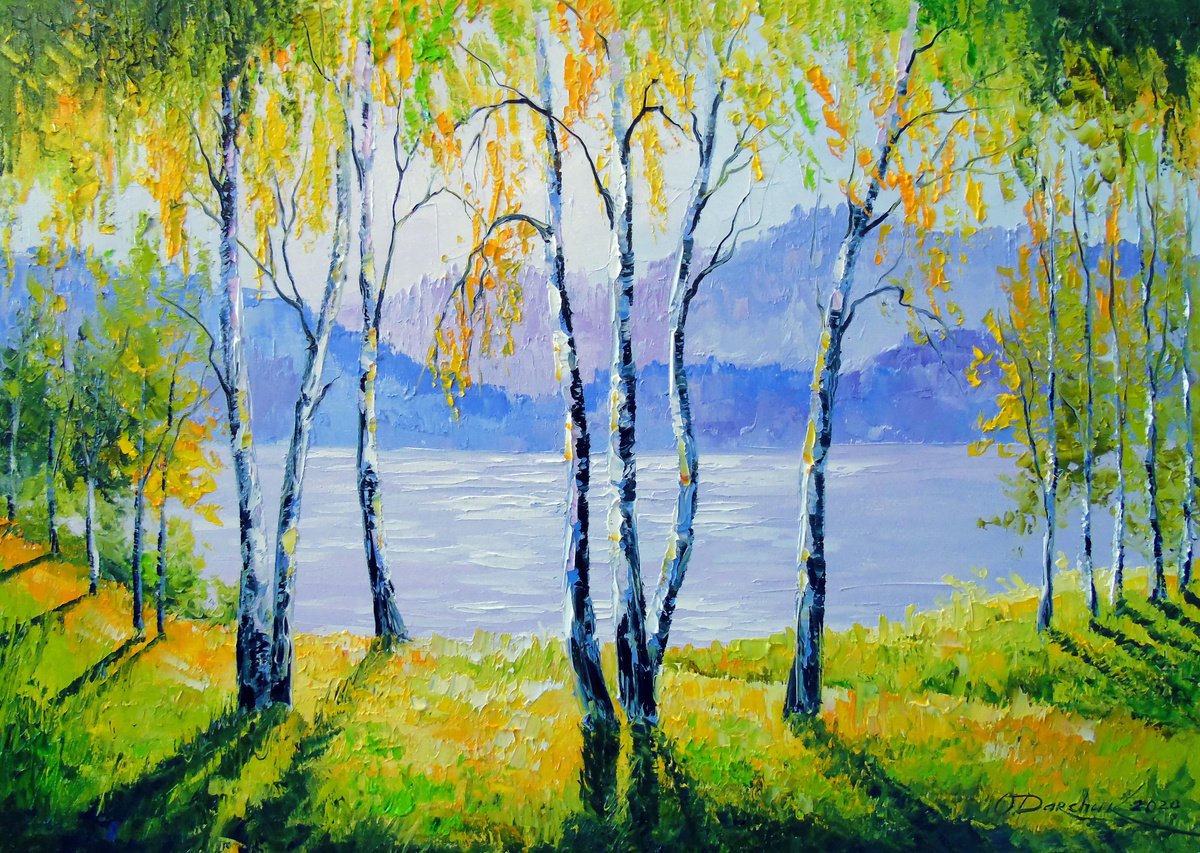 Impressionistic Landscape Oil Painting By Olha Darchuk, 28 X 20", Birches By The River, Original Artwork