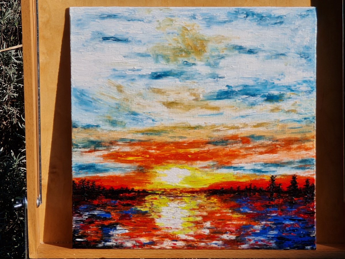 Impressionistic Landscape Oil Painting By Daniel Urbani?k, 12 X 12, Red Lake 1, Original Artwork