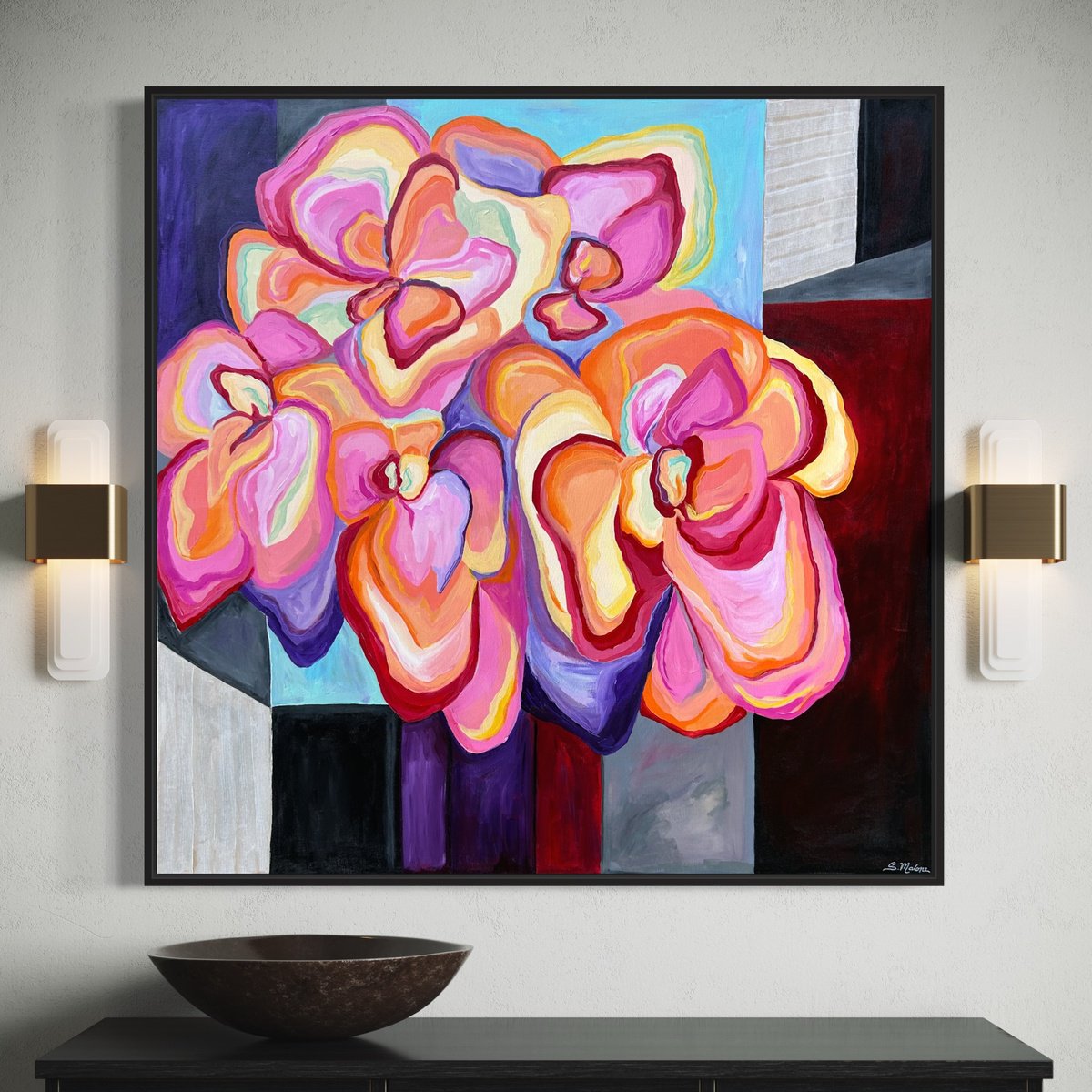 Abstract Botanical Acrylic Painting By Samantha Malone, 37 X 37", Today I Painted Flowers, Original Artwork