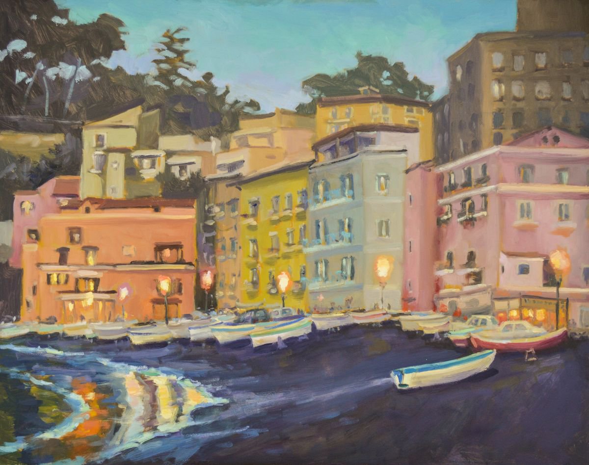 Impressionistic Cityscapes Oil Painting By Kristina Sellers, 20 X 16", Sorrento Lights, Original Artwork