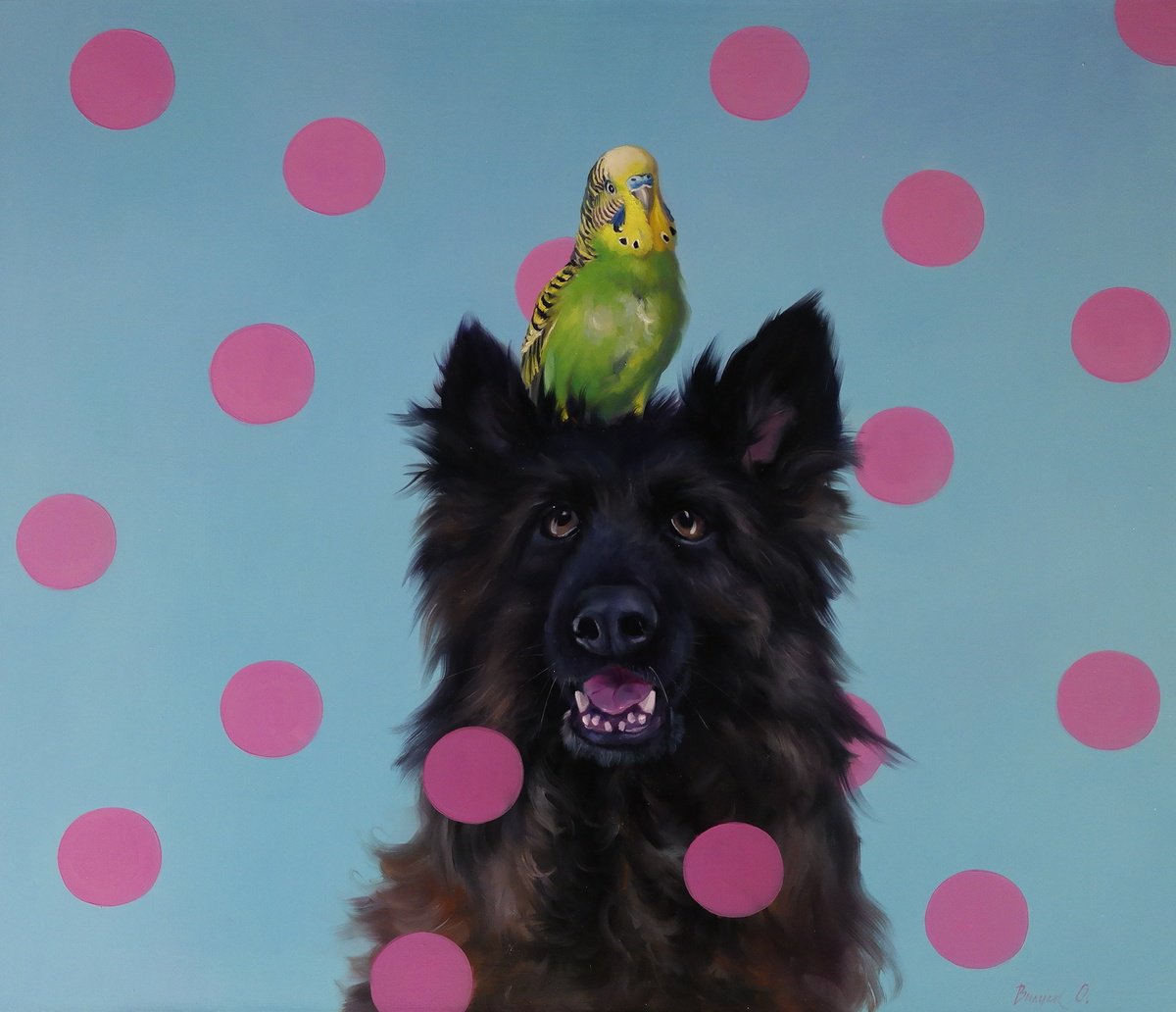 Illustrative Animal Oil Painting By Lena Vylusk, 28 X 24", "Unexpected Friends", Original Artwork