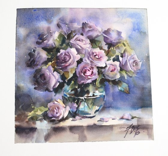 Lilac roses in glass, Novalis variety