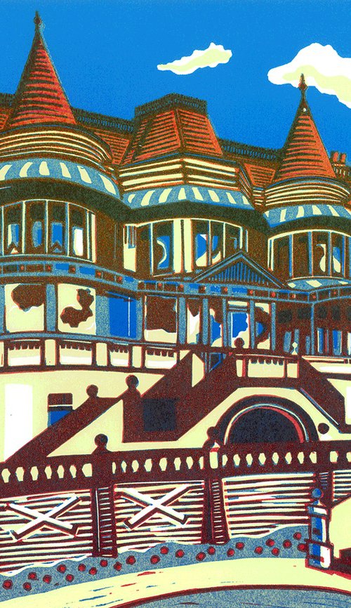 East Cliff Hall (The Russell-Cotes Art Gallery and Museum) - Signed original linocut print edition of 50 by Cecca Whetnall