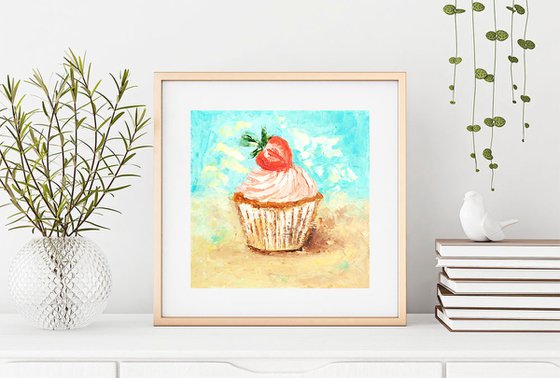 Cupcake Painting Original Art Dessert Artwork Impasto Small Food Wall Art