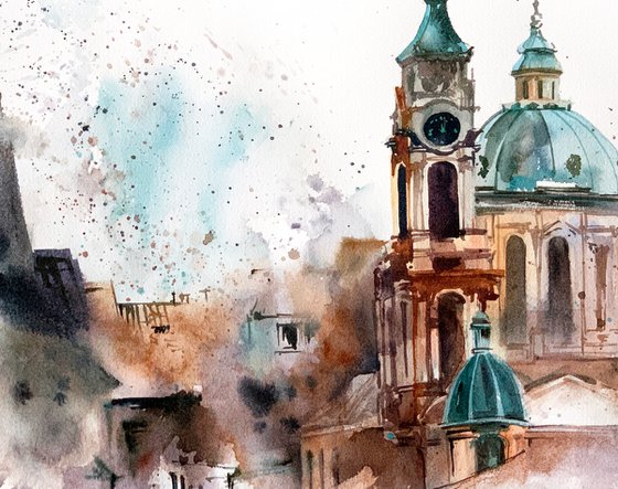 Prague Roofs Cityscape Watercolor