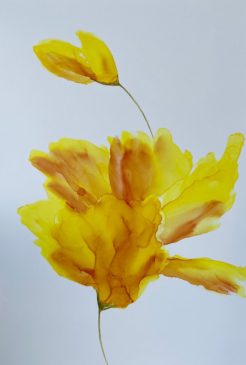 YELLOW ORANGE FLOWER , ABSTRACTION - alcohol ink, plastic paper by Svetlana Martin